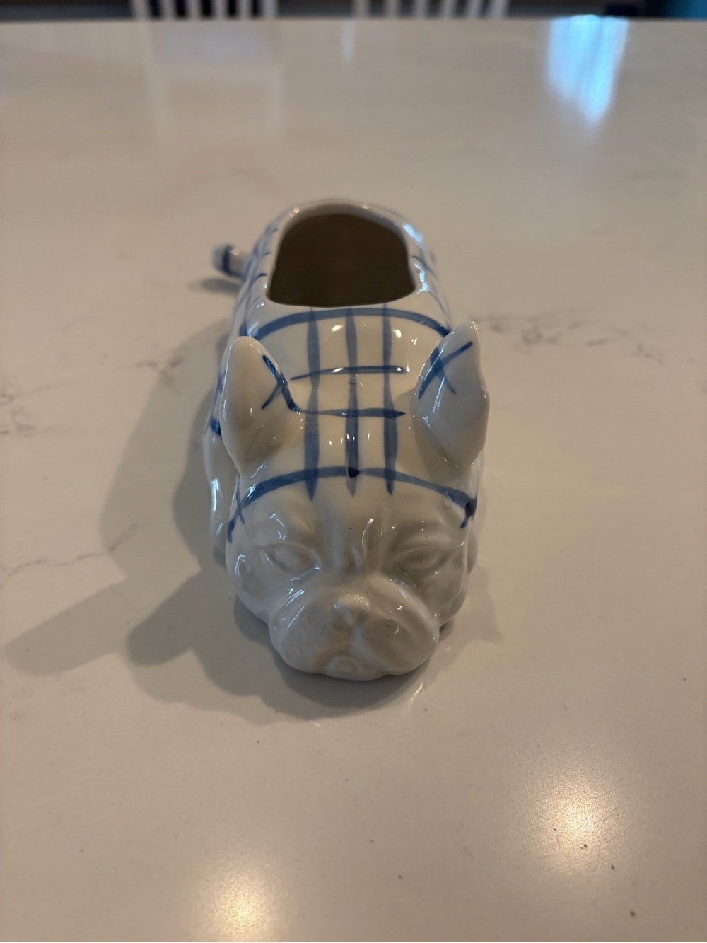 White and Blue Bulldog planter from Anthropologie
